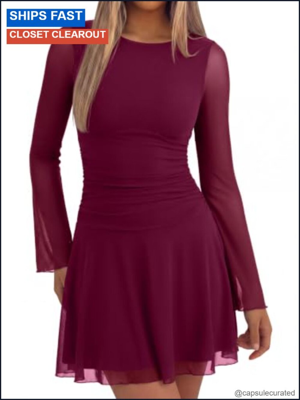 Women's Y2K Sheer Mesh Ruched Long Sleeve Mini Dress